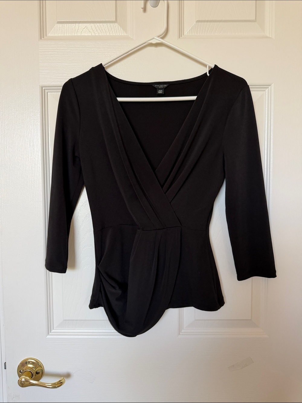 Ann Taylor Black Faux-Wrap Draped Blouse